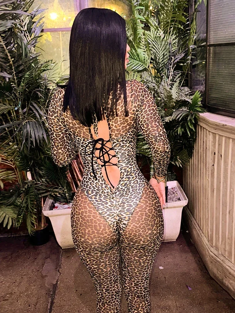 Leopard See Through Jumpsuit Women Patchwork Velvet Bandage Backless Hottie Skinny Sexy Wild Trend Clubwear Overalls