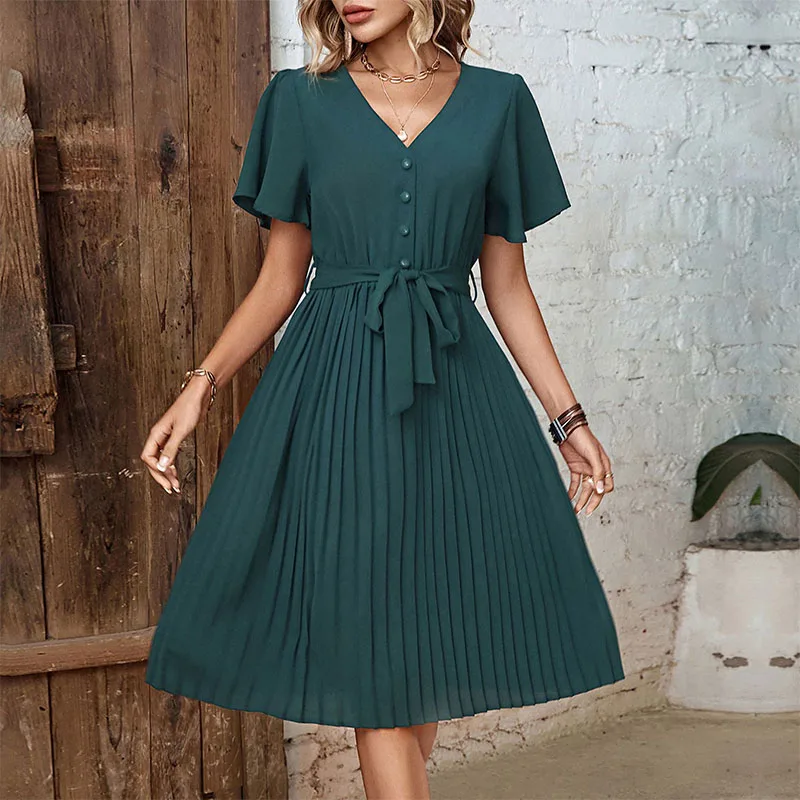 

Short Sleeve A Line Button Dress Summer Women V Neck Sashes Midi Vestidos Solid Robe Femme Casual Style Office Ladies Dresses