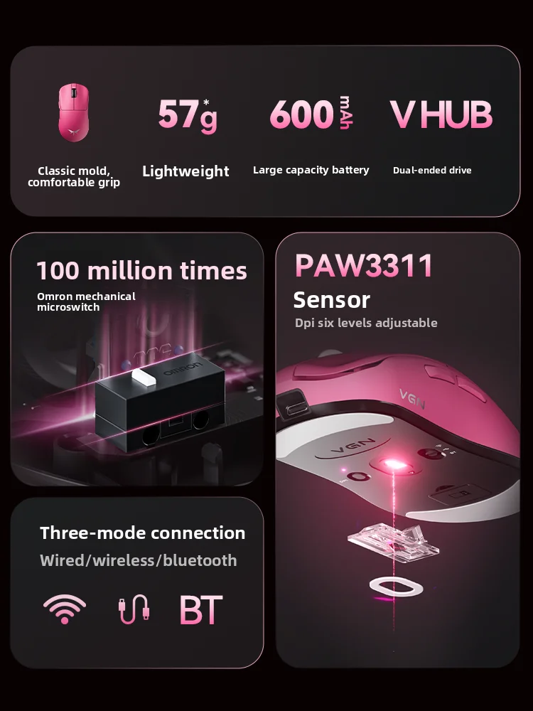 VGN Dragonfly F1 SE Wireless Gaming Mouse Tri-Mode PAW3311 Sensor 600mAh Long Battery 57g Lightweight Omron Switch PC Laptop