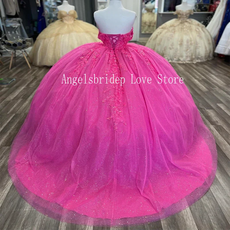 ANGELSBRIDEP-Vestido Quinceanera rosa para eventos especiais, vestido de baile 3D Flowers, Sweet 16 Party, México Hot, 25, 2022