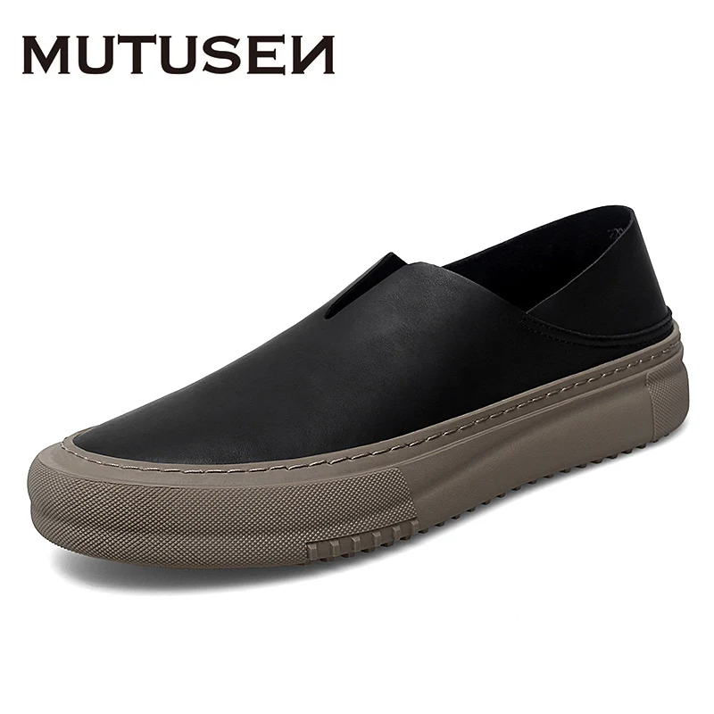 

Low Rise Men Shoes Casual Men Flat Shoes Handmade Real Leather Loafers Rubber Thick Sole Slip-ons Flats 2022 New Loafers Men