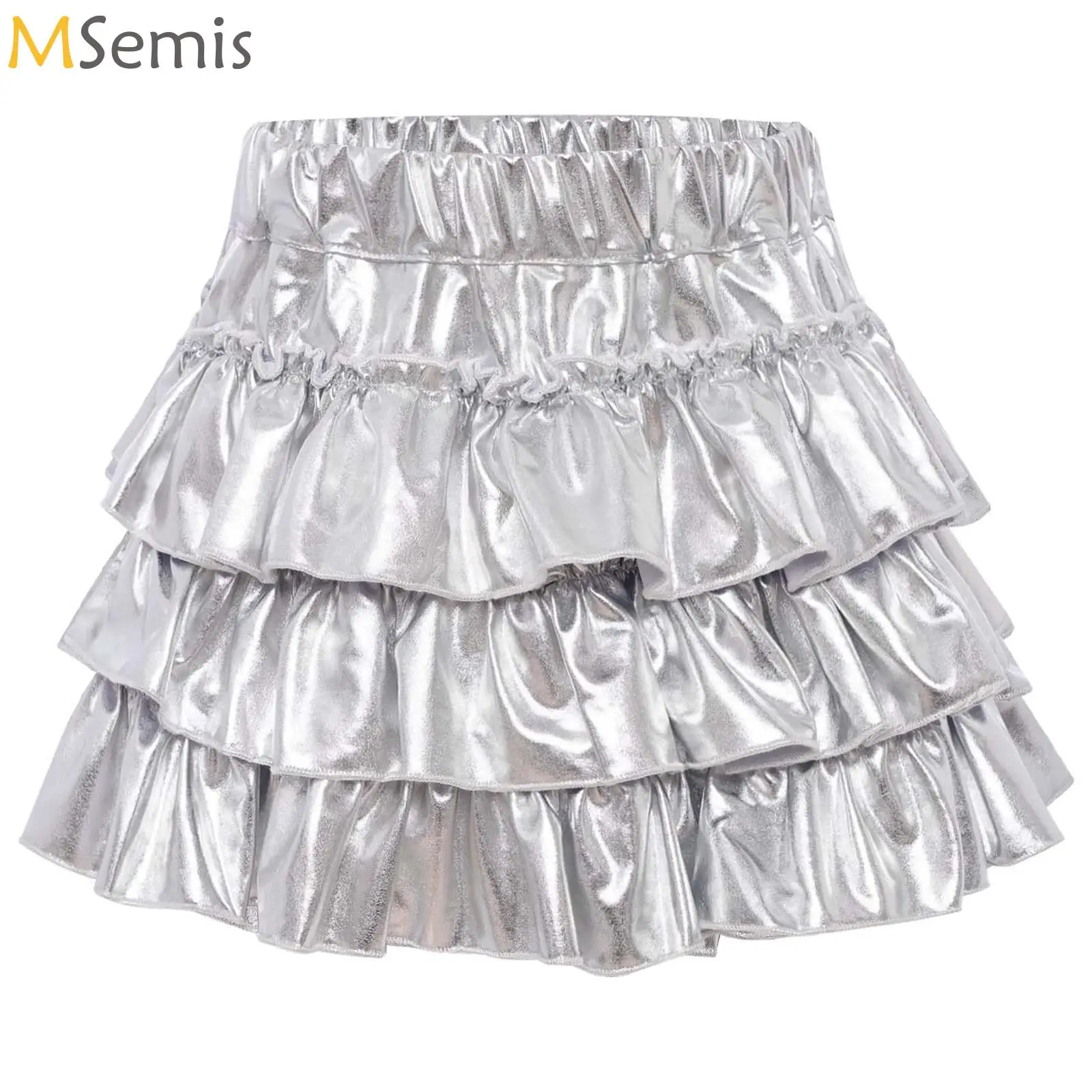 

Kids Girls Tiered Ruffles Metallic Skort Elastic High Waist Skirt Birthday Party Jazz Hip Hop Modern Stage Performance Costume