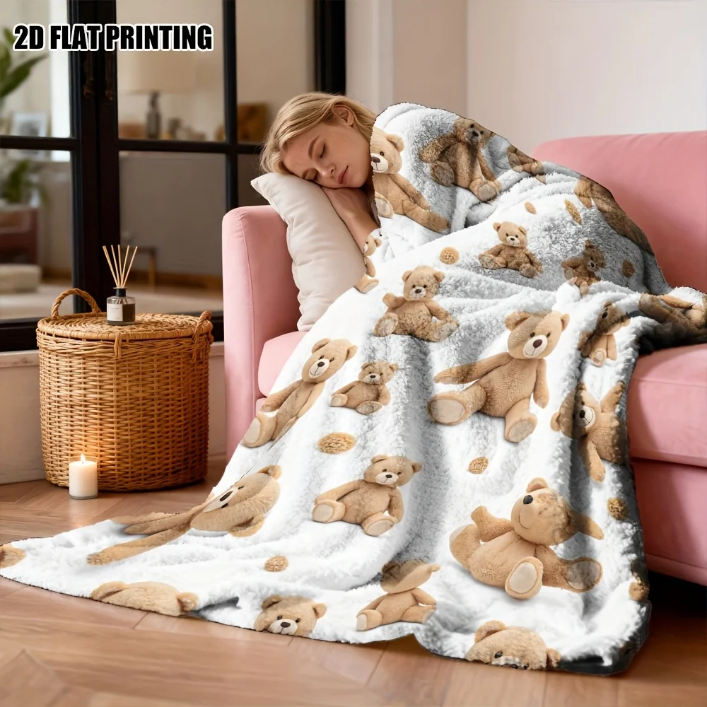 A Cartoon Teddy Bear Patterned Fleece Blanket That Is Soft, Comfortable, Easy to Care For, And Portable, Making It an Ideal Choi
