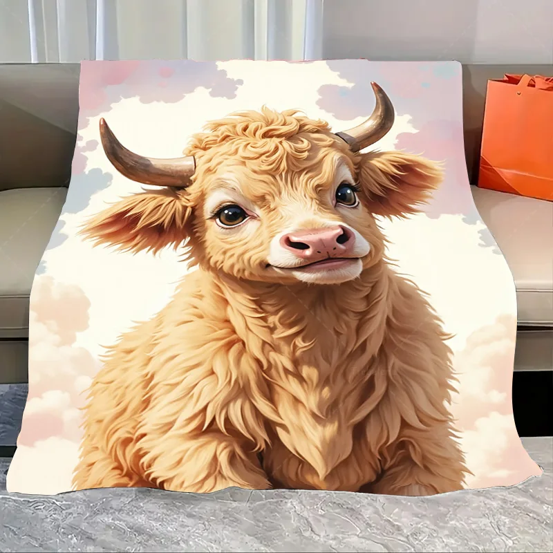 

1pc Flannel Blanket Cute Highland Cow Blanket with Cloudy Sky Background, Soft and Cozy Throw
