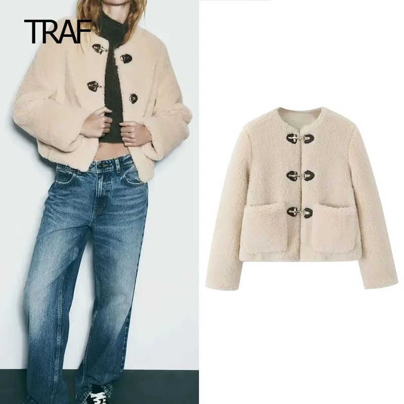 TRAF Demi-Season Jacket For Women Bomber Tweed Jacket Faux Fur Coat Long Sleeve Top New In Outerwears Designer Clothes Luxury