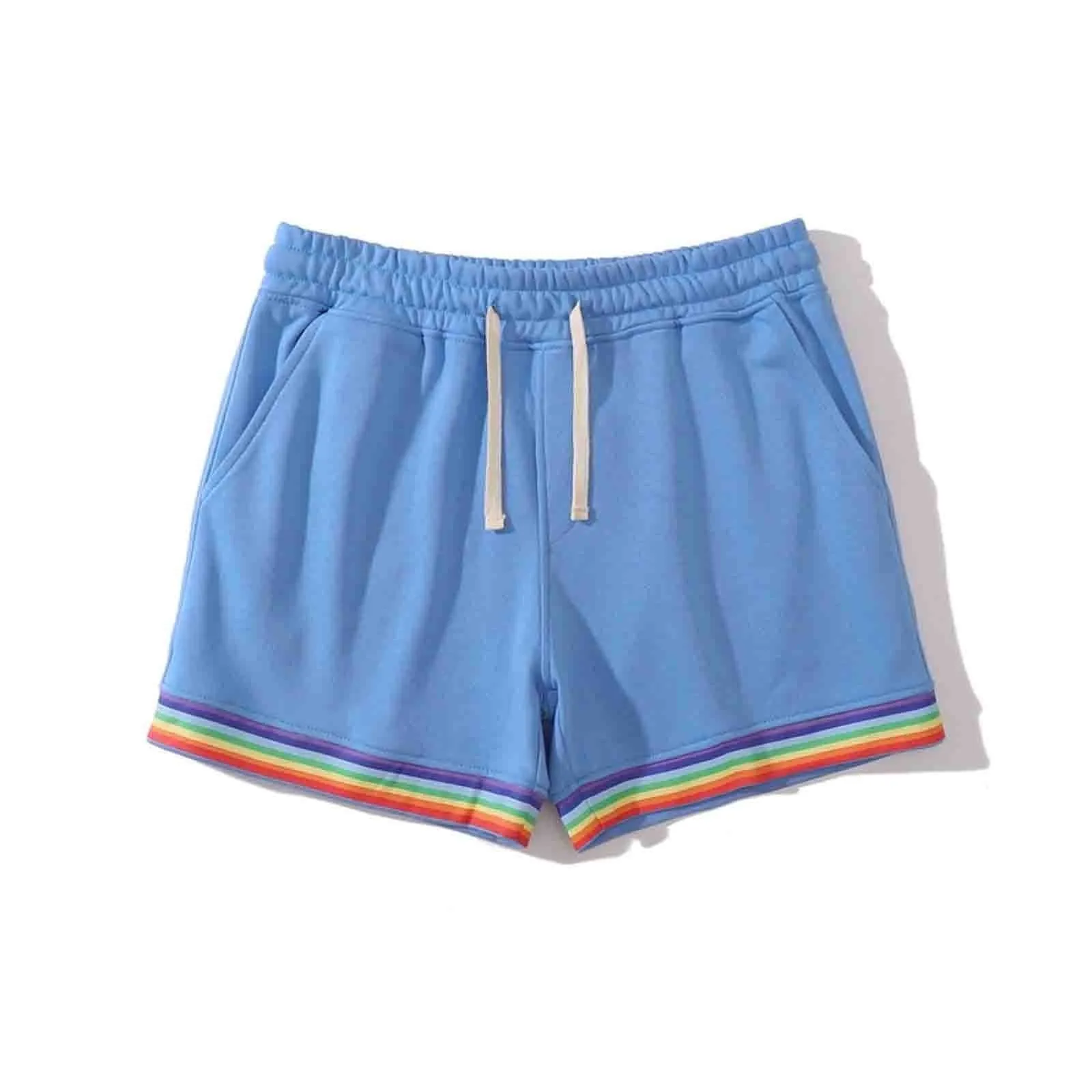 2024 Hot Sale Men\'s Summer Solid Color Rainbow Short Pocket Drawstring Loose Casual Shorts Sports Running Straight Beach Pants