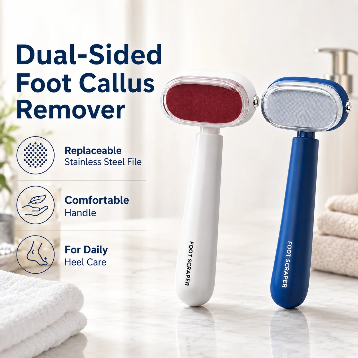 Dual-Sided Foot Callus Remover, 2027 New Double-Sided Foot Scraper, Replaceable Stainless Steel File for Heel Care