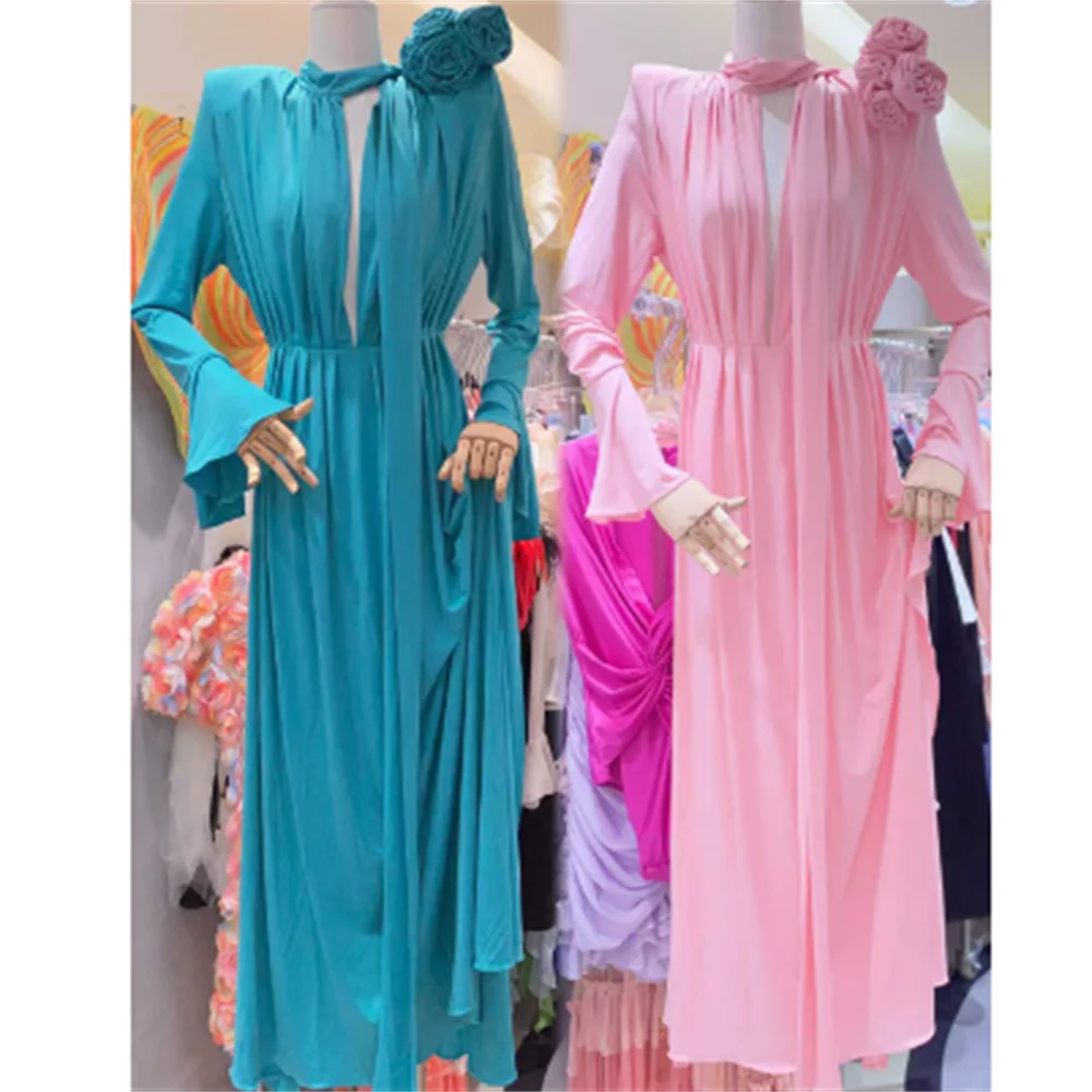 

New ruffled crepe three-dimensional rose neck dress slit sexy long-sleeved skirt party ruffled fashion dress