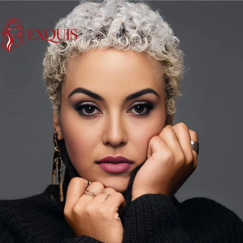 

4Inch Light Gray Short Curly Human Hair Full Machine WigBrazilian Virgin Remy Soft Texture180%Density for Black Women Daily Use