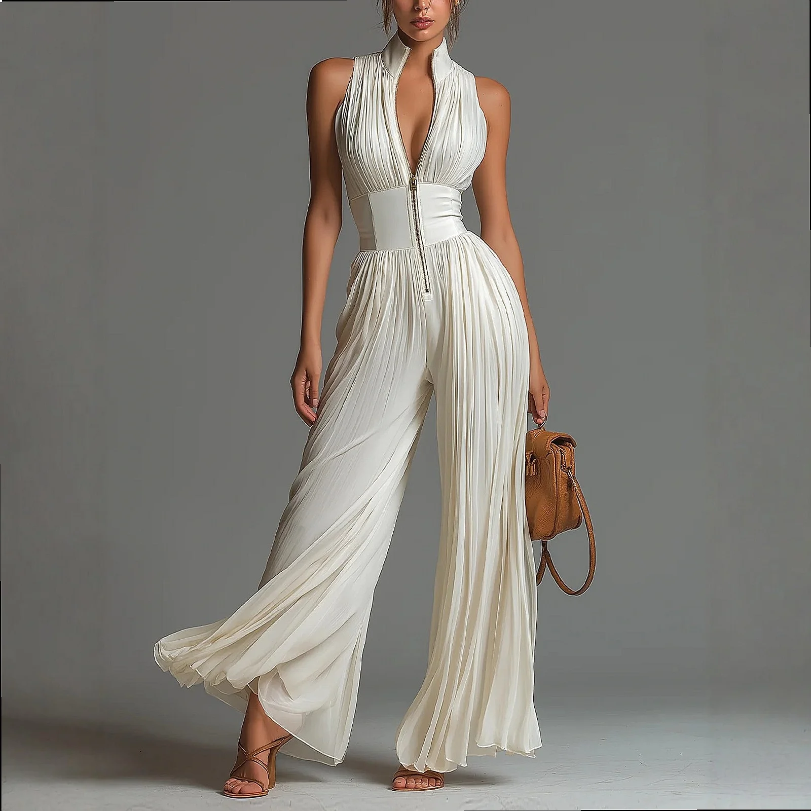 White Ruffle Halter Jumpsuit Women Long Wide Leg Pleated Fashion Sexy Overall Jumpsuits view 2