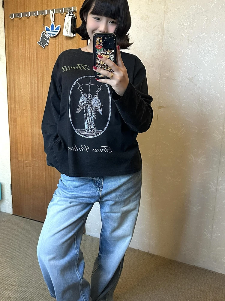 레트로 아메리칸 스트리트 스타일 여성용 롱 슬리브 티셔츠 순면 워싱 프린트 루즈핏 가을 신상품