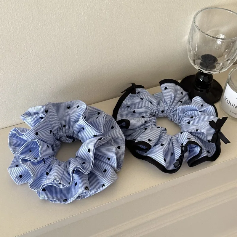 

Korean-style Blue Stripe Pleated Hair Scrunchie, Black Love-heart Pattern Large Scrunchie - Elegant Versatile Ponytail Hair Tie