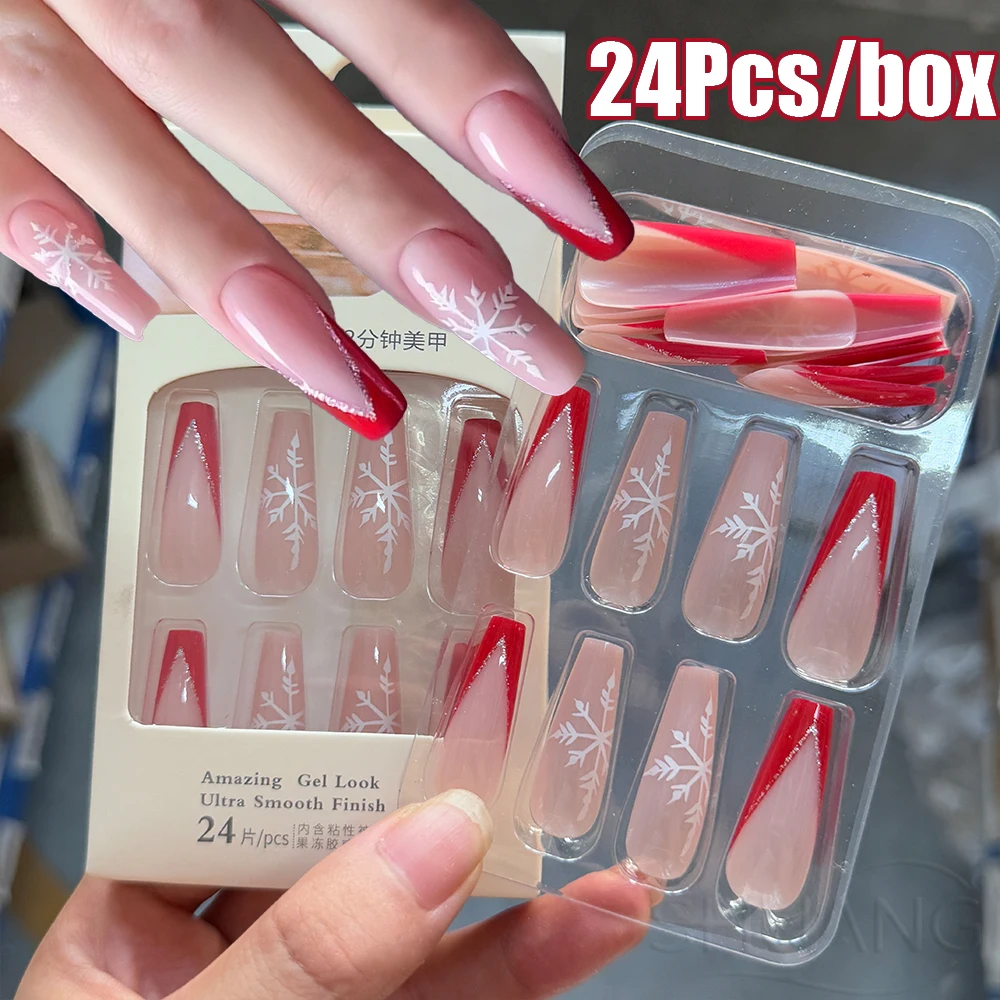 

24Pcs Christmas Red French Snowflake False nails Long Coffin Nude Pink Glitter Acrylic Press On Nails Full Cover Xmas Fake Nails