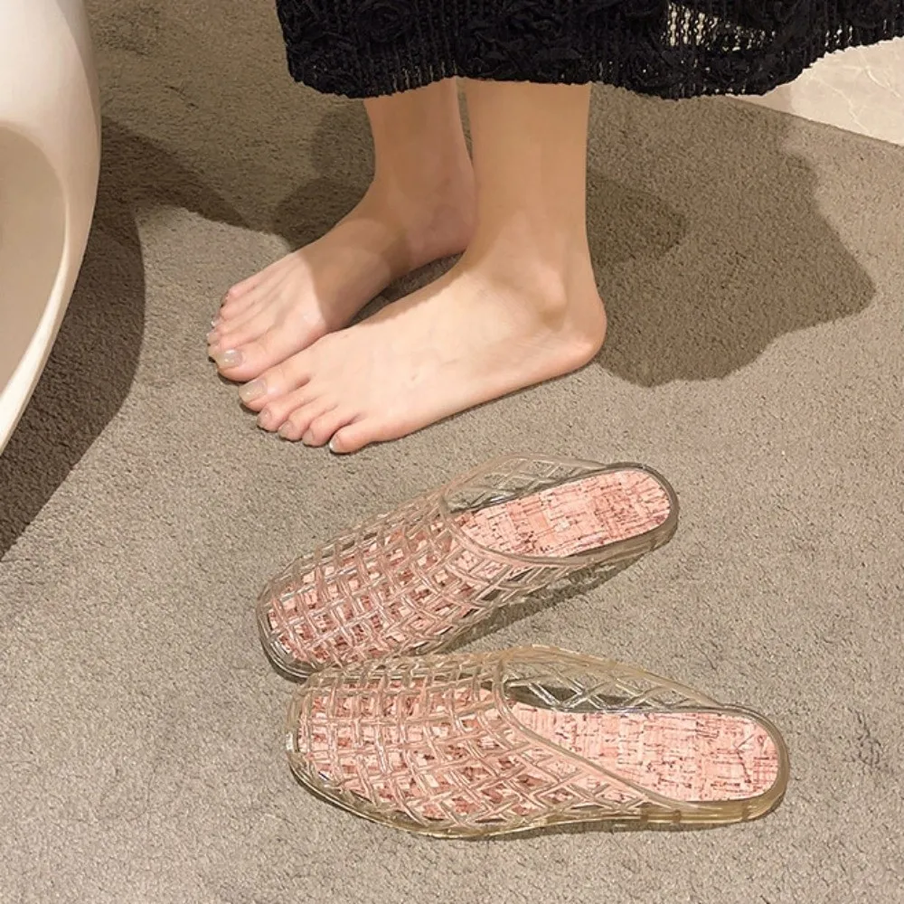 Round Toe PVC Crystal Slippers Soft Transparent Fishing Net Jelly Sandals Flat Low Bottom Non-Slip DIY Shoes Charms Shoes view 2