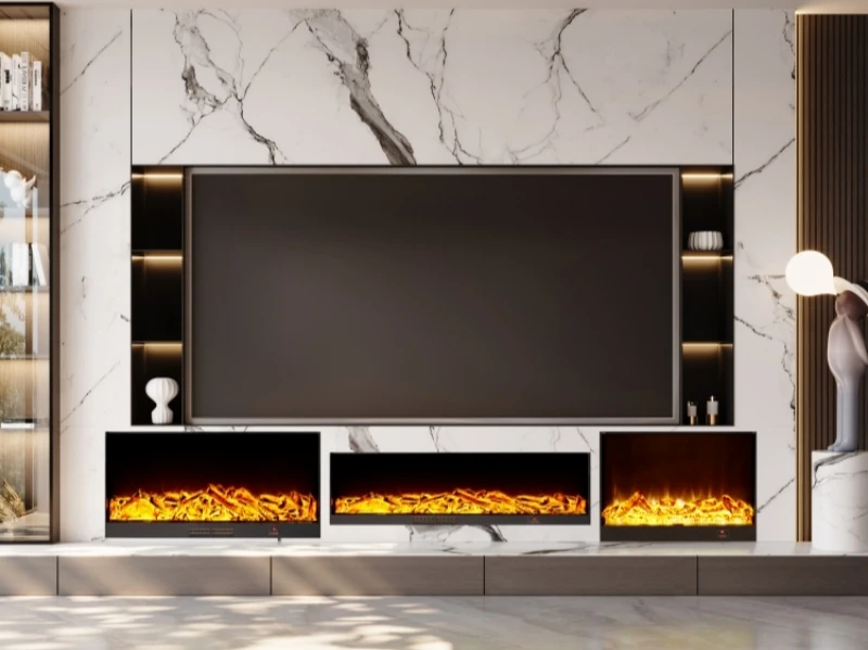 مدفأة كهربائية محمولة مثبتة على الحائط، تصميم مدمج من الزجاج بالكامل، لهب LED باللغة الإنجليزية للاستخدام المنزلي في غرفة المعيشة