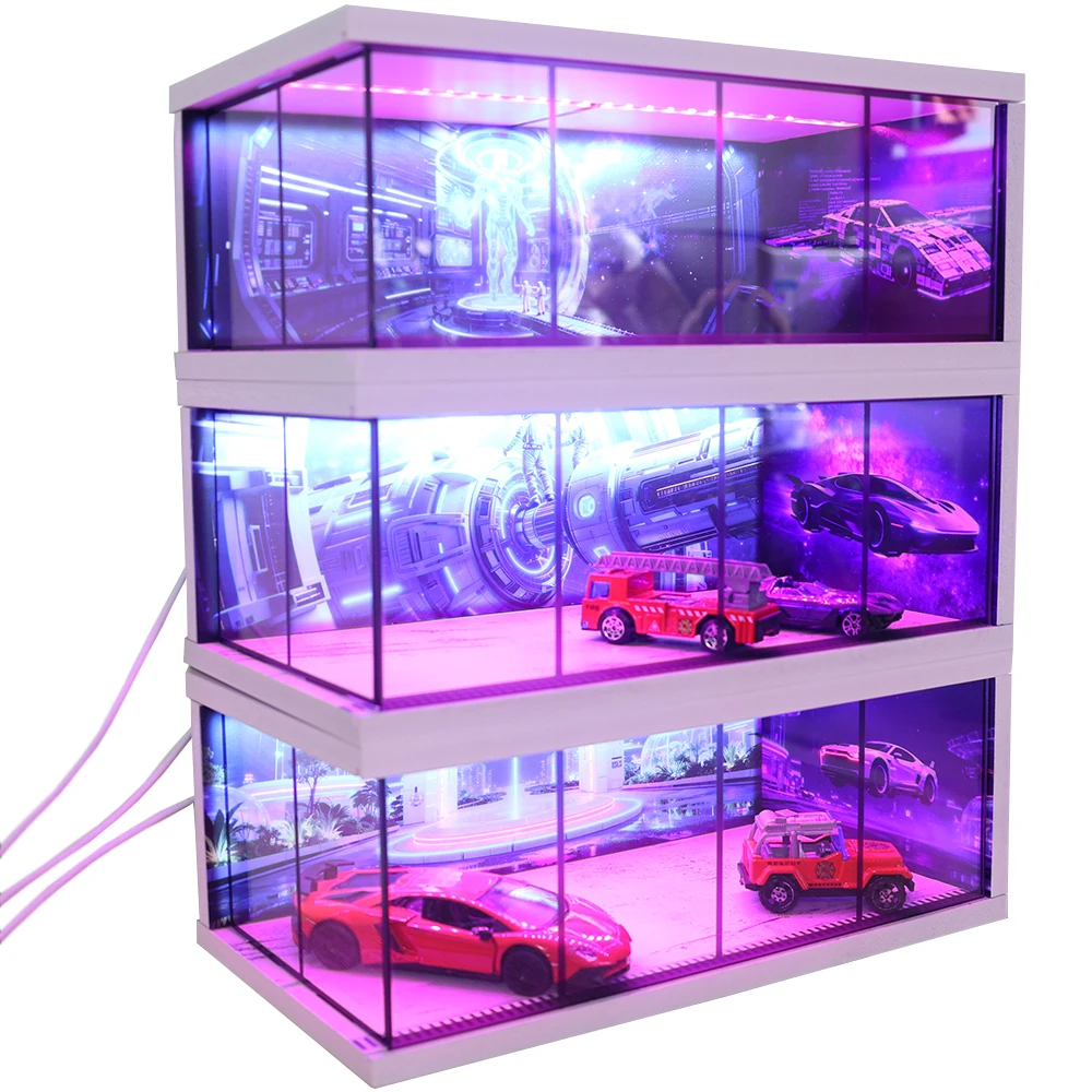 1:64 Scale Car Garage Diorama Models Display Box Usb LED Lights Simulated Garage Miniatures Parking Lots Scene Collection Box