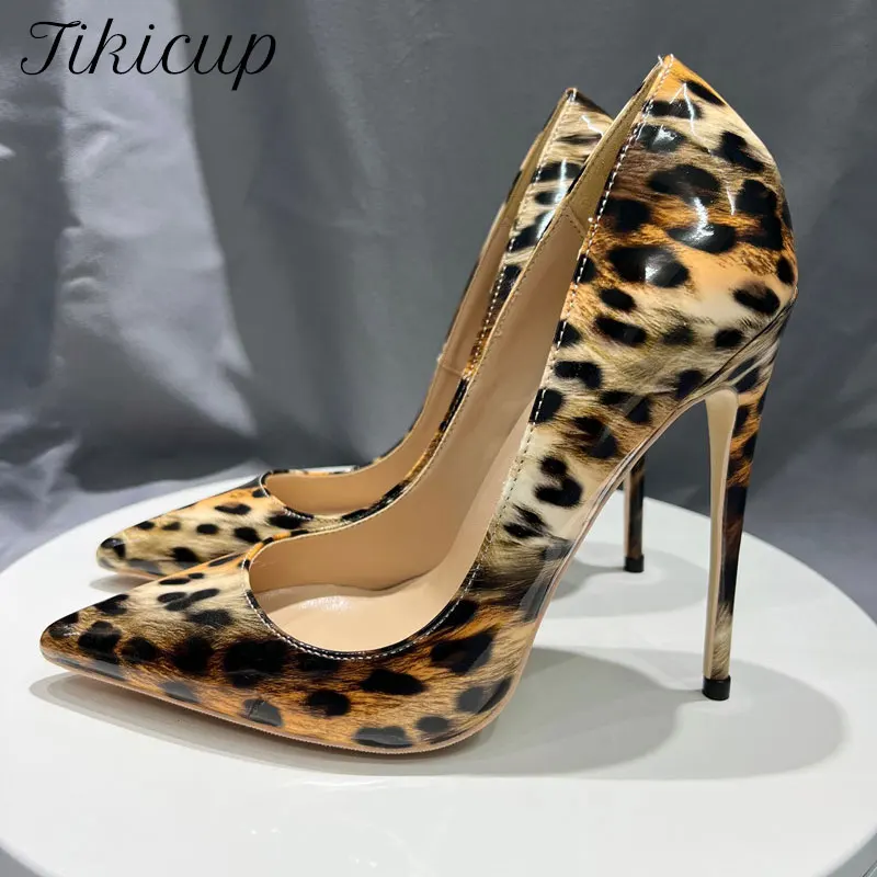 

Tikicup 12cm/10cm/8cm Sexy Pointy Toe Fashion Leopard Print Women High Heels Slip On Stiletto Pumps Elegant Dress Office Shoes