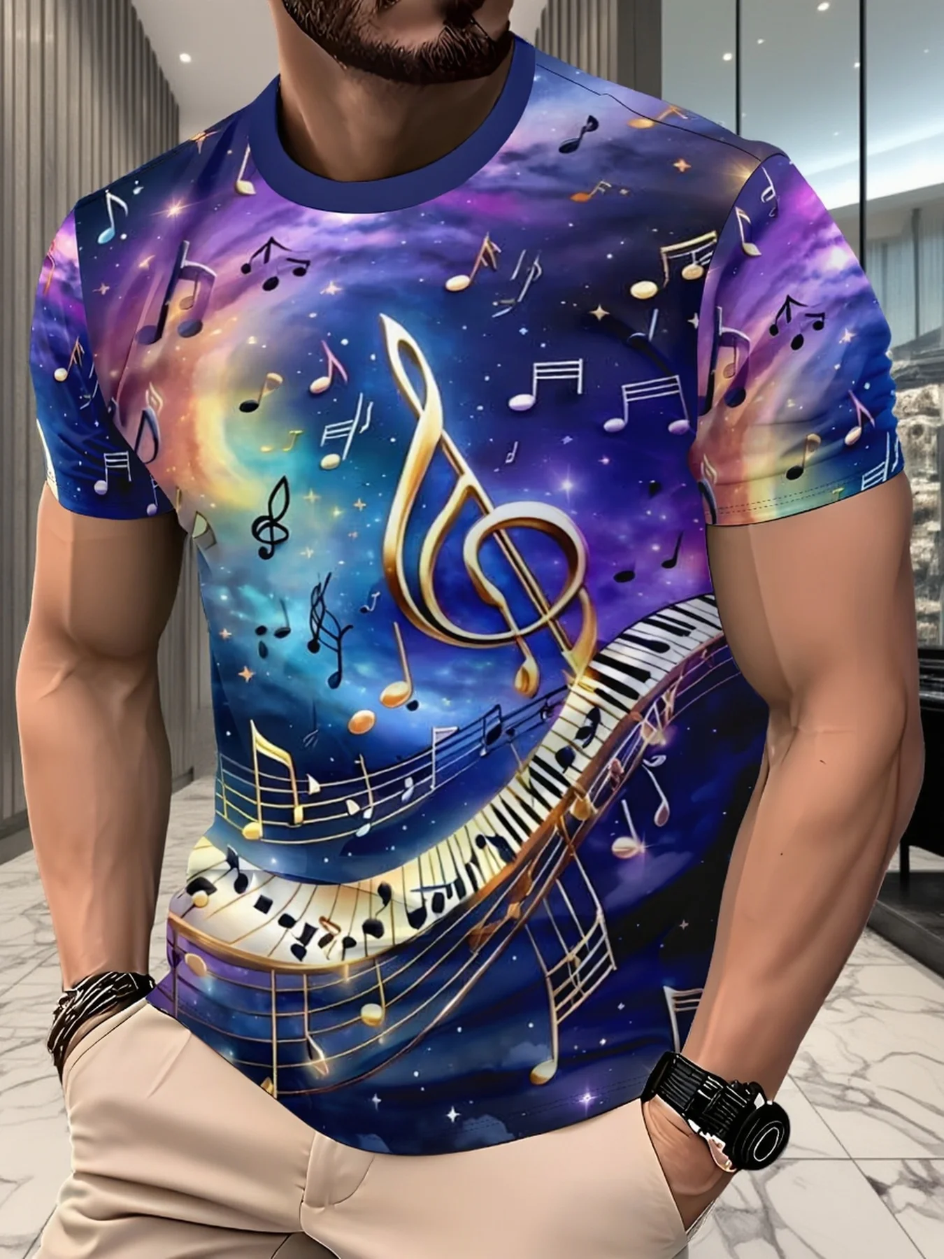 Men's Dark Blue Trim Crew Neck T Shirt 3D Golden Treble Clef Piano Key Colorful Starry Sky Music Note Print Casual Tops