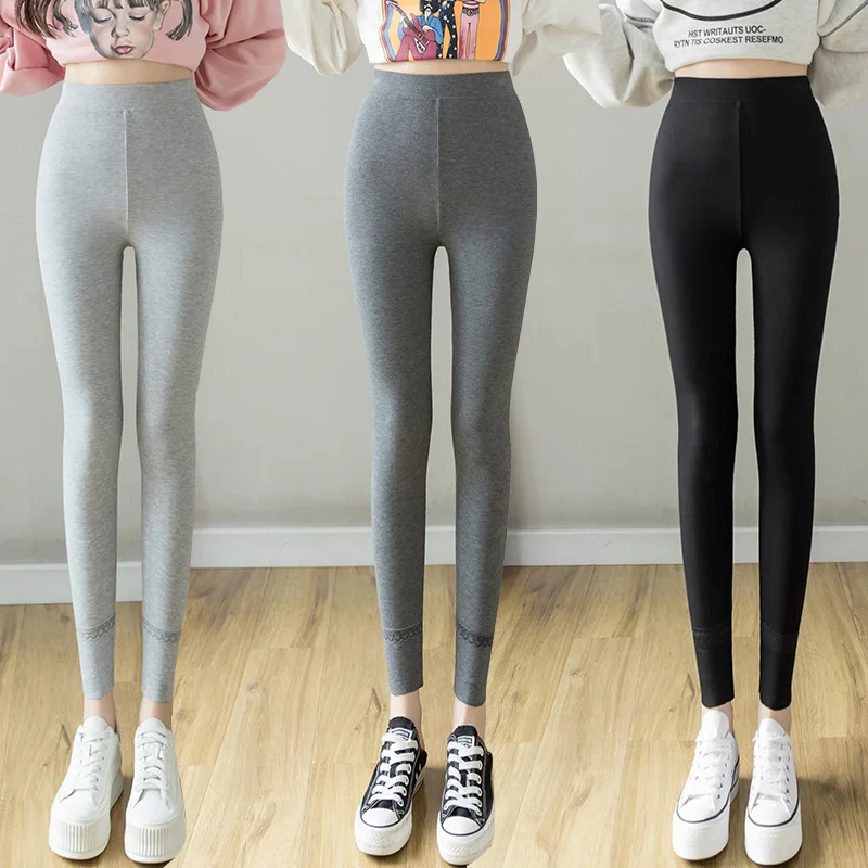 New Autumn Winter Pure Cotton Women's Lace Slim High Waist Elastic plus Size Nine Point Pants Base Layer Trousers