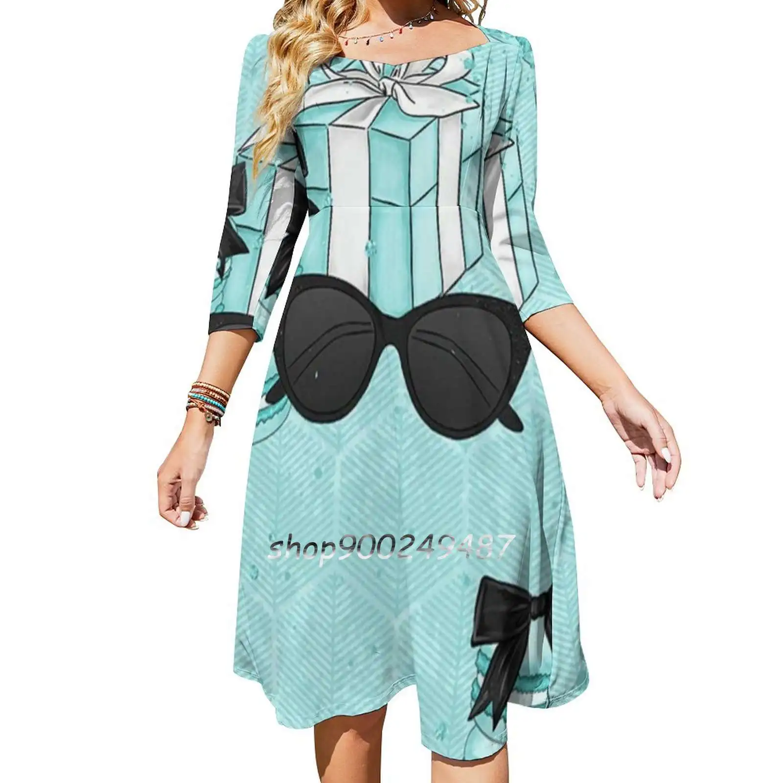 Perfect Gift Sweetheart Knot Flared Dress Fashion Design Large Size Loose Dress Co S Blue Box White Bow Robins Egg Blue S