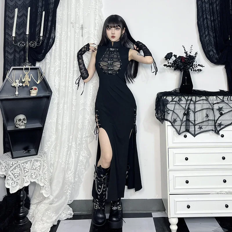 

New Summer Punk Gothic Women Black Sexy Dress Hot Girl Elegant Fashion Slim Fit Heavy Metal Bandage Perspective Through Dress