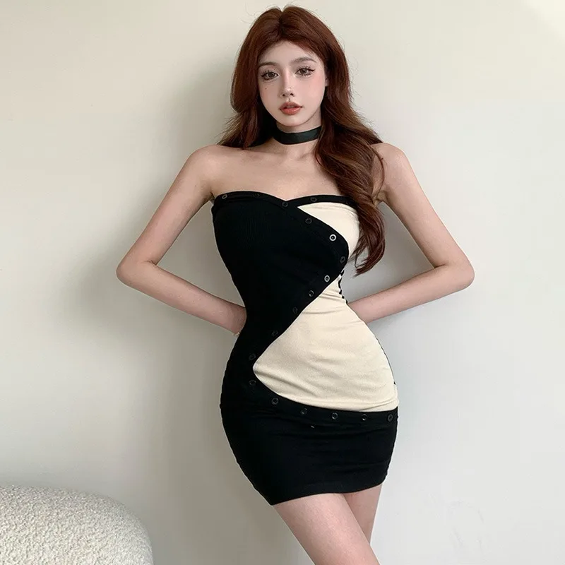  Sexy Irregular Slim V Neck Mini Dress For Women Off Shoulder High Waist Skinny Elegant Elastic Patchwork Chest Wrap Korean 