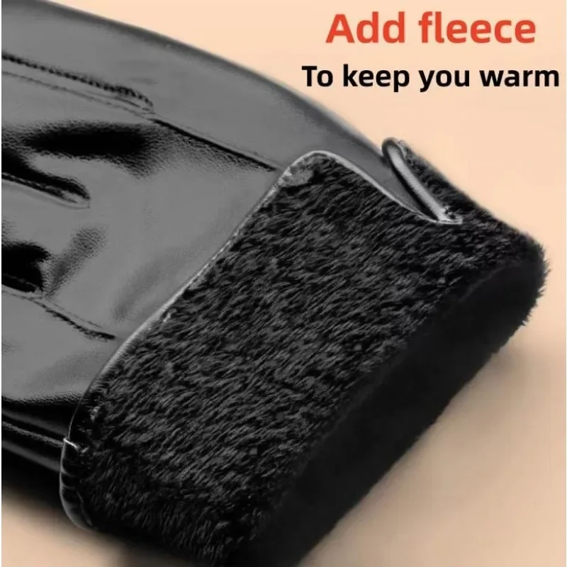 Winter Gloves for Men Genuine Leather Gloves Warm Plus Velvet Touch Screen Gloves Outdoor Cycling Driving Motorcycle PU Gloves, image 6