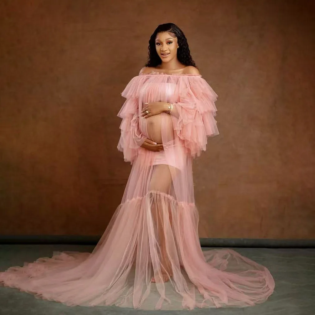 

Maternity Gowns Long Sleeves See Through Maxi Dresses Soft Tulle Off The Shoulder Photography Maternity Women Party Dress