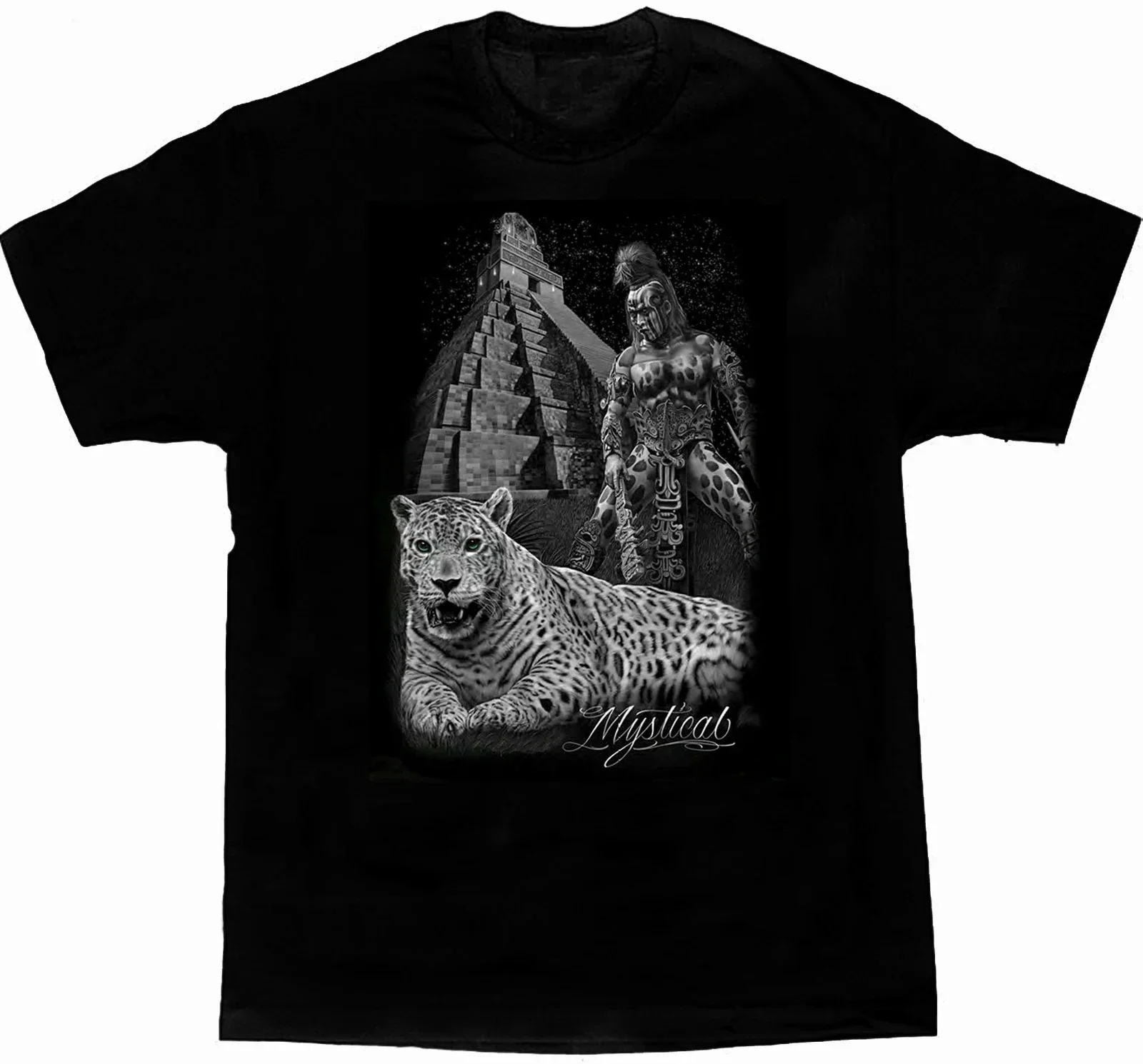 Mystical Mayan Pyramid Aztec Warrior T-Shirt 100% Cotton O-Neck Summer Short Sleeve Casual Mens T-shirt Size S-3XL