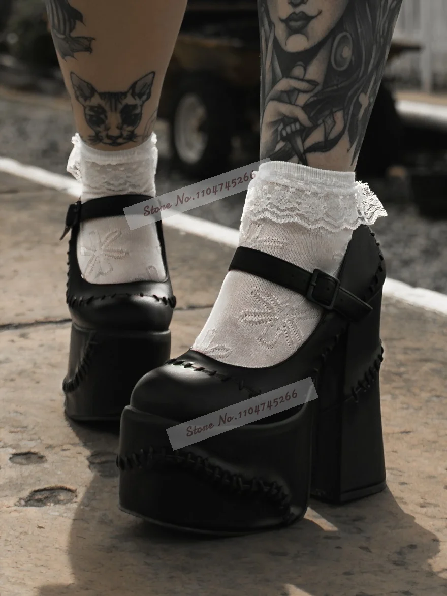 Women Gothic Platform Mary Jane Shoes Hand Stitch Matte Chunky High Heels Ankle Strap Punk Dark Aesthetic Party Cosplay Footwear