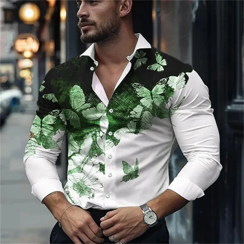 Business Shirt with 3D Butterfly Print Male Long Sleeve Spring and Autumn Shirt Butterfly Pattern
