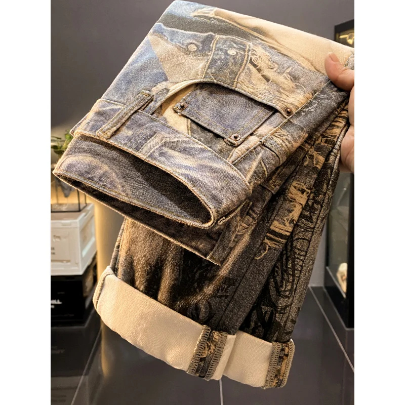 

Американские элитные мужские джинсы с ретро-принтом, новинка осени 2025 года, крутые и свободные длинные брюки прямого кроя