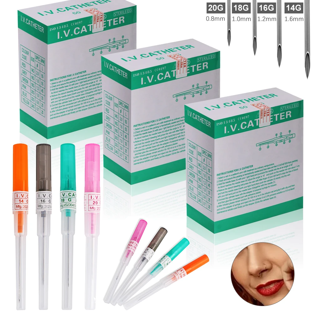 Agujas de Perforación Desechables y Estériles 14G/16G/18G/20G, Herramientas de Punción para Nariz, Labio, Oreja, Ceja y Joyería Corporal