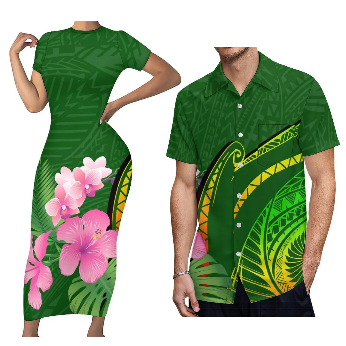 

Summer Sexy Women'S Crew-Neck Dress With Men'S Short-Sleeved Shirt Polynesian Matching Couple Suit Free Shipping