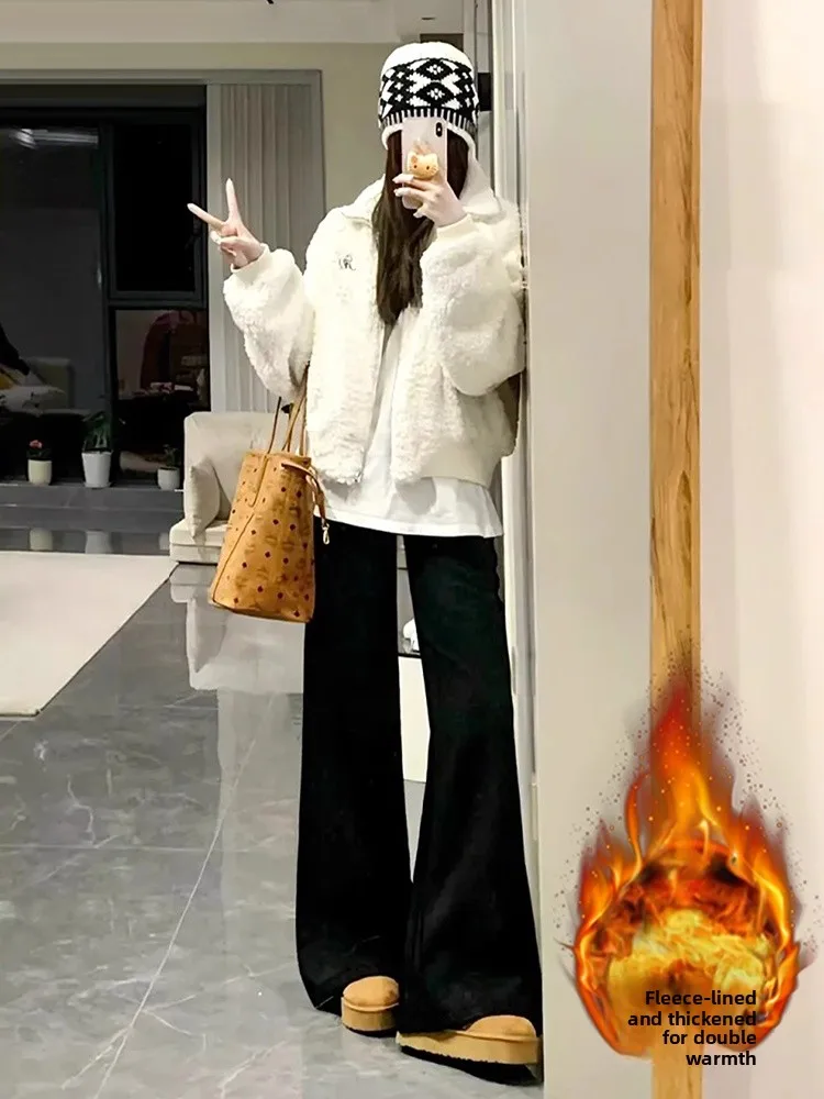 

plus Size Fleece Lined Bootcut Jeans Women's Autumn Winter Loose Elastic Slimming Wide Leg Pants Hoof Pants Casual Cott...