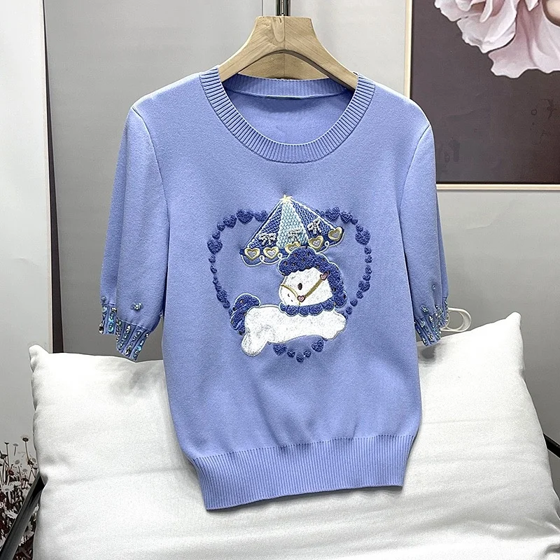 Summer New Beading Embroidery Puff Sleeve Sweater Fashion Women Knitted Pullover Slim Fit Short Knitwear Y2K Casual Jumpers