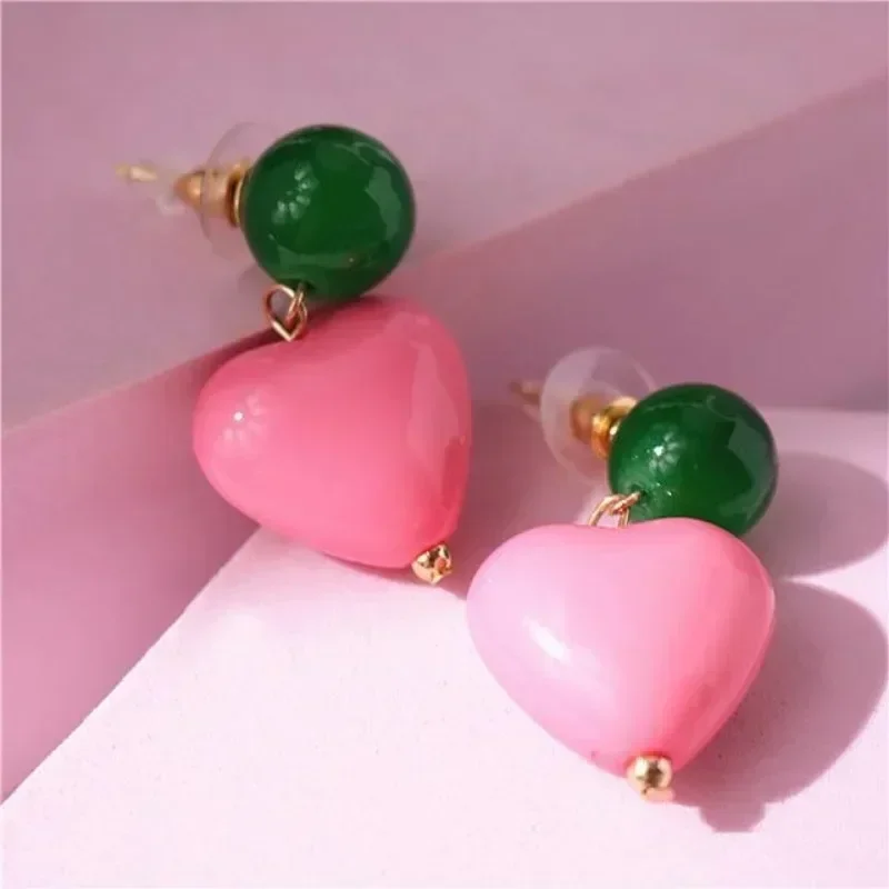 Fashion Girl\'s Vintage Sweet Pink Heart Pendant Earrings Freshwater Pearl Contrast Earring Design Candy Color Heart Necklace