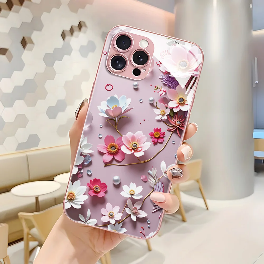 Tempered Glass Multicolored Flowers Phone Case For iPhone 17 Pro Max 16 17 15 14 13 12 11 14 ProMax Case Cover Shockproof Luxury