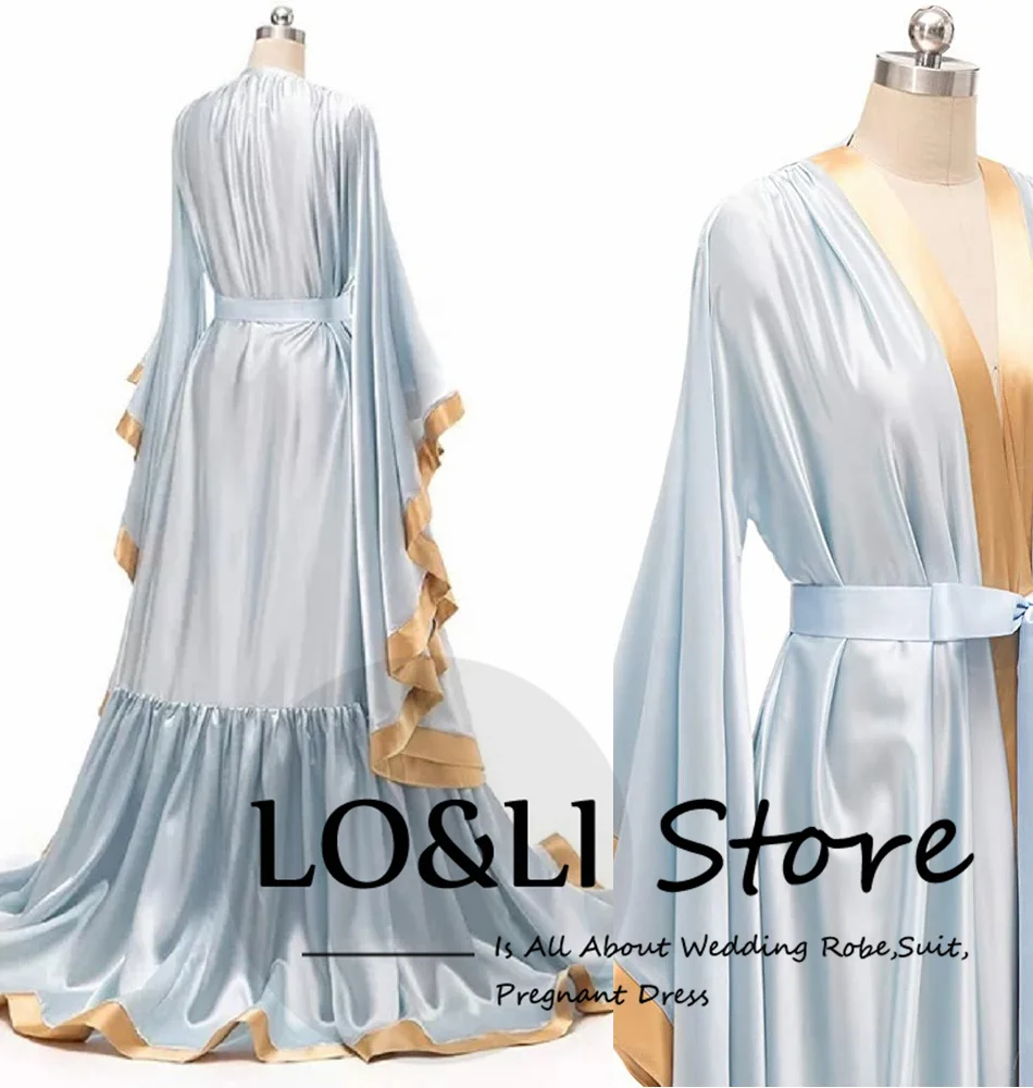 LO&LI Long Silk Bridal Robe For Wedding Luxury Ruffles Blue Elegant Dress Women for Birthday Party Long Sleeve Satin Dress Gown