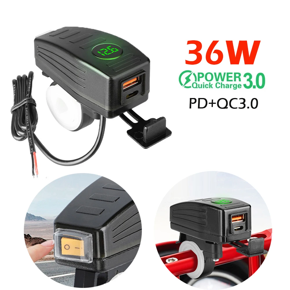 PD+QC3.0 Motorcycle USB Charger Handlebar Dual Port Fast Charging 38W Power Socket With Voltmeter Switch Waterproof 9V-12V