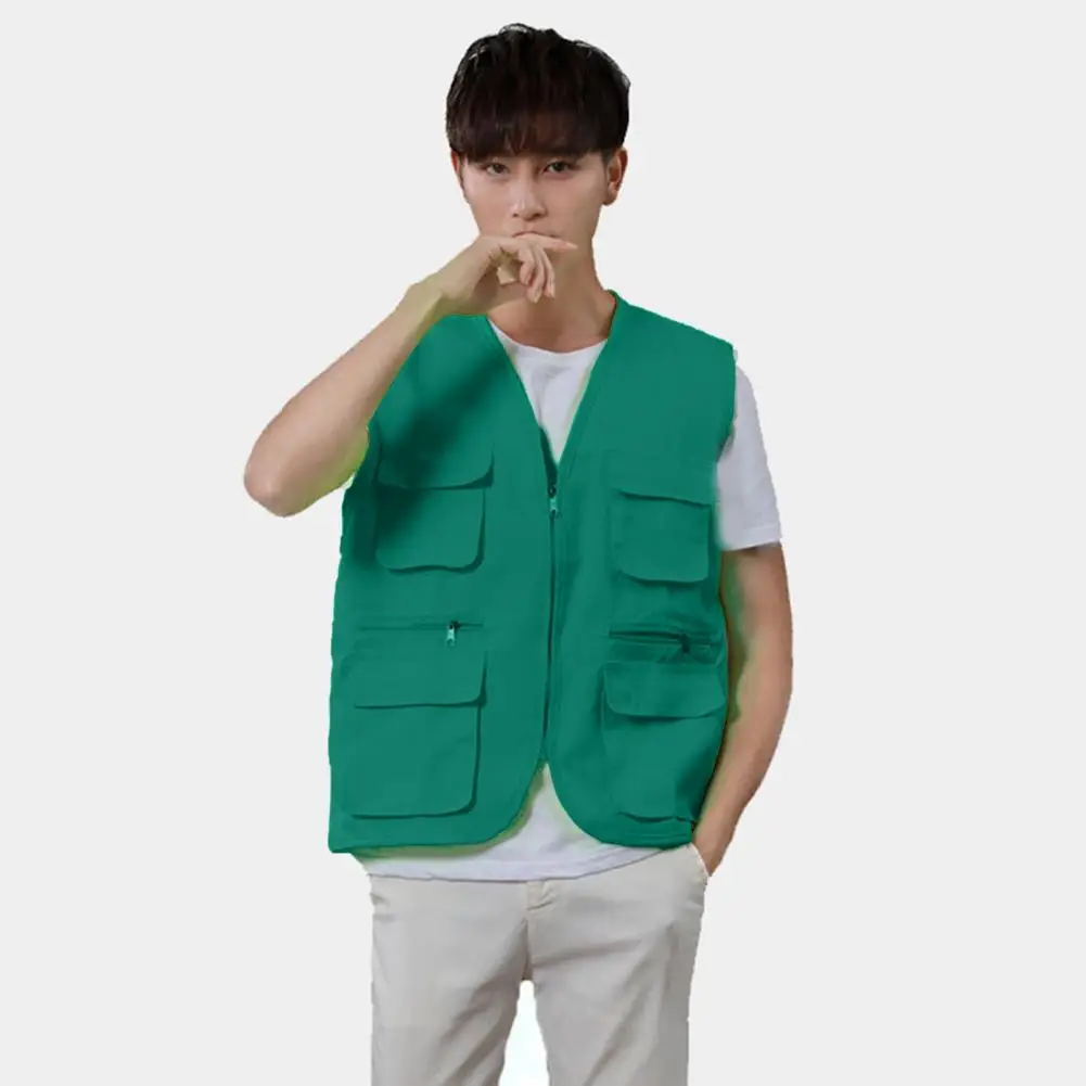 Multiple Pockets Work Waistcoat V-neck Zipper Placket Outdoor Vest Jacket Photographer Volunteer Waistcoat Hiking Waistcoat