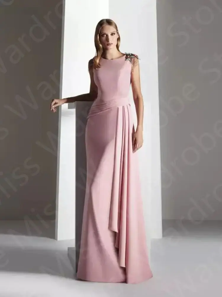 New Arrival 2023 Pink Evening Dresses Sleeveless Round Neckline Prom Party Gown Back Out Wedding Guest Gowns Flowers On Sale