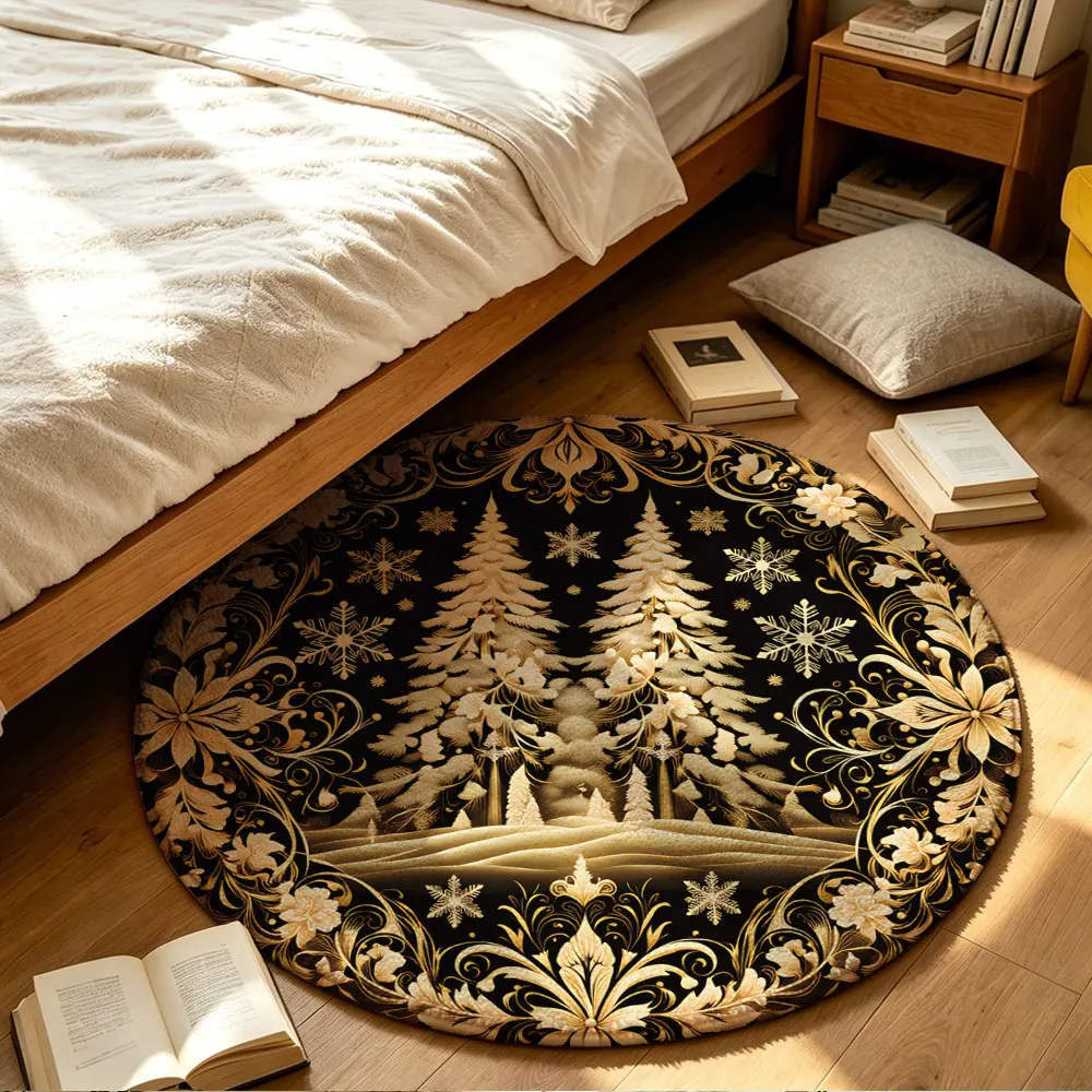 1 piece round floor mat with golden Christmas snow scene featuring a round pattern soft texture and can be machine-washed