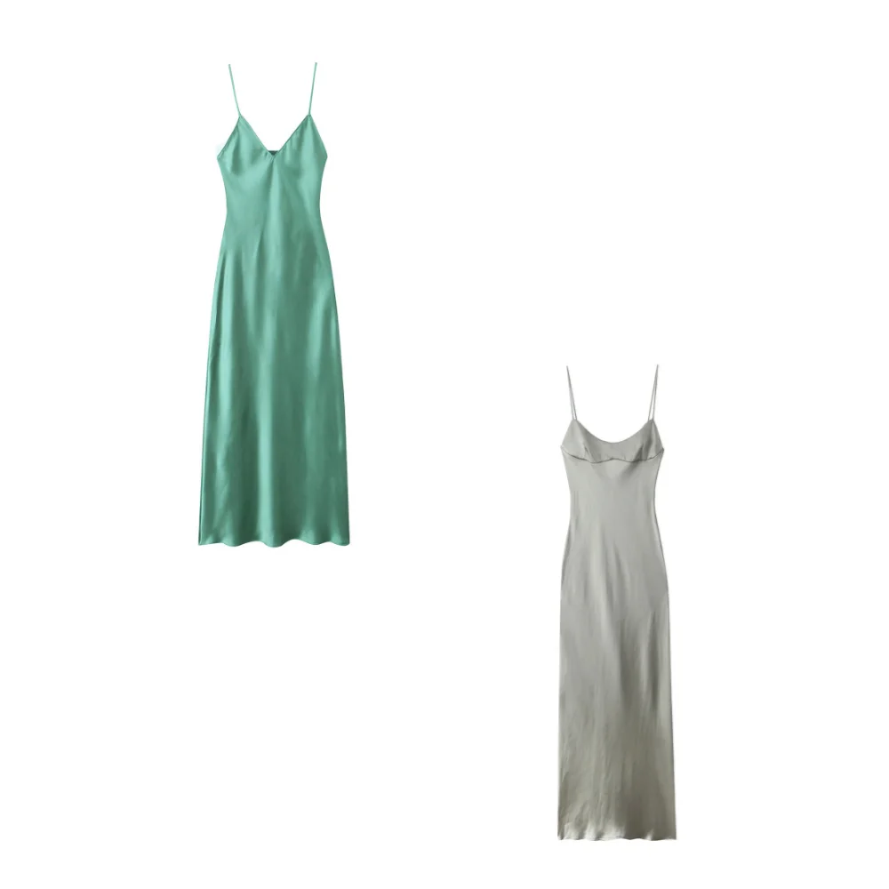 PB&ZA 2024 Spring New Women\'s Fashion and Elegance Versatile Satin Midi Strap Long Slim Fit Dress