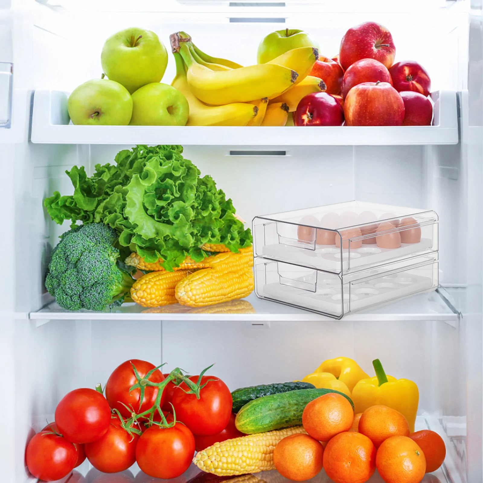 

Double Layer Transparent Egg Drawer Storage Box Large Capacity 32 Eggs Stackable Fridge Organizer Multi-Grid Egg Box for Kitchen