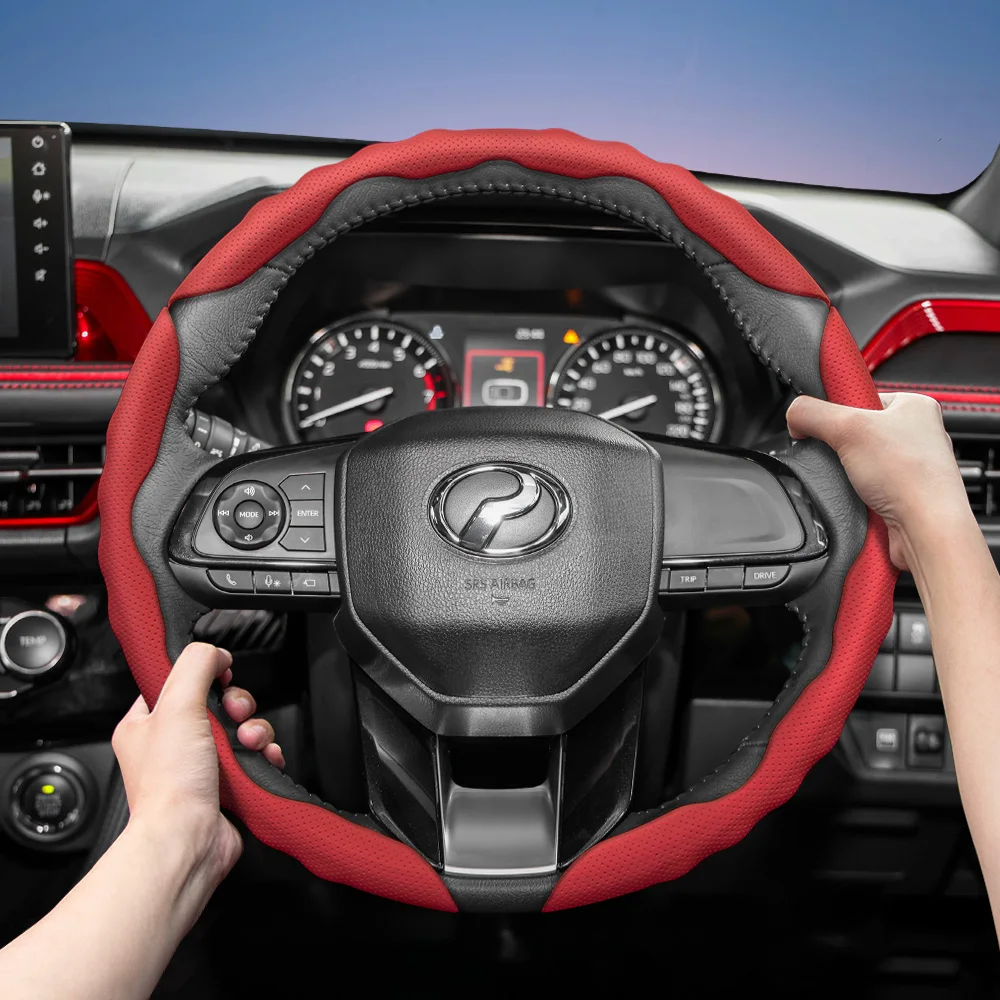 

Suitable for Perodua Steering Wheel Cover, Wave-Shaped Sporty Design, Breathable Leather, Segmented, Non-Slip, Sweat-Absorbent, Suitable for Bezza Axia Myvi Alza Ativa Aruz Qv-E