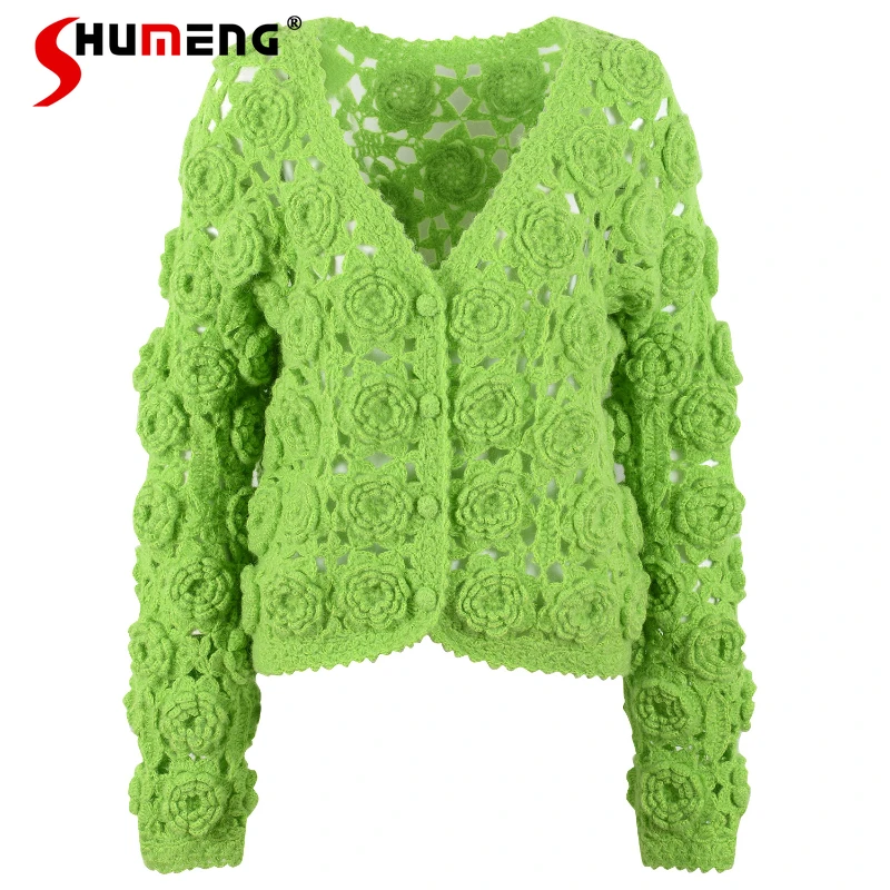 2023 New Autumn Winter Sweaters Hollow Crochet Rose Flower Long Sleeve Short Single Breasted Short Coat Simple Cardigan Knitwear