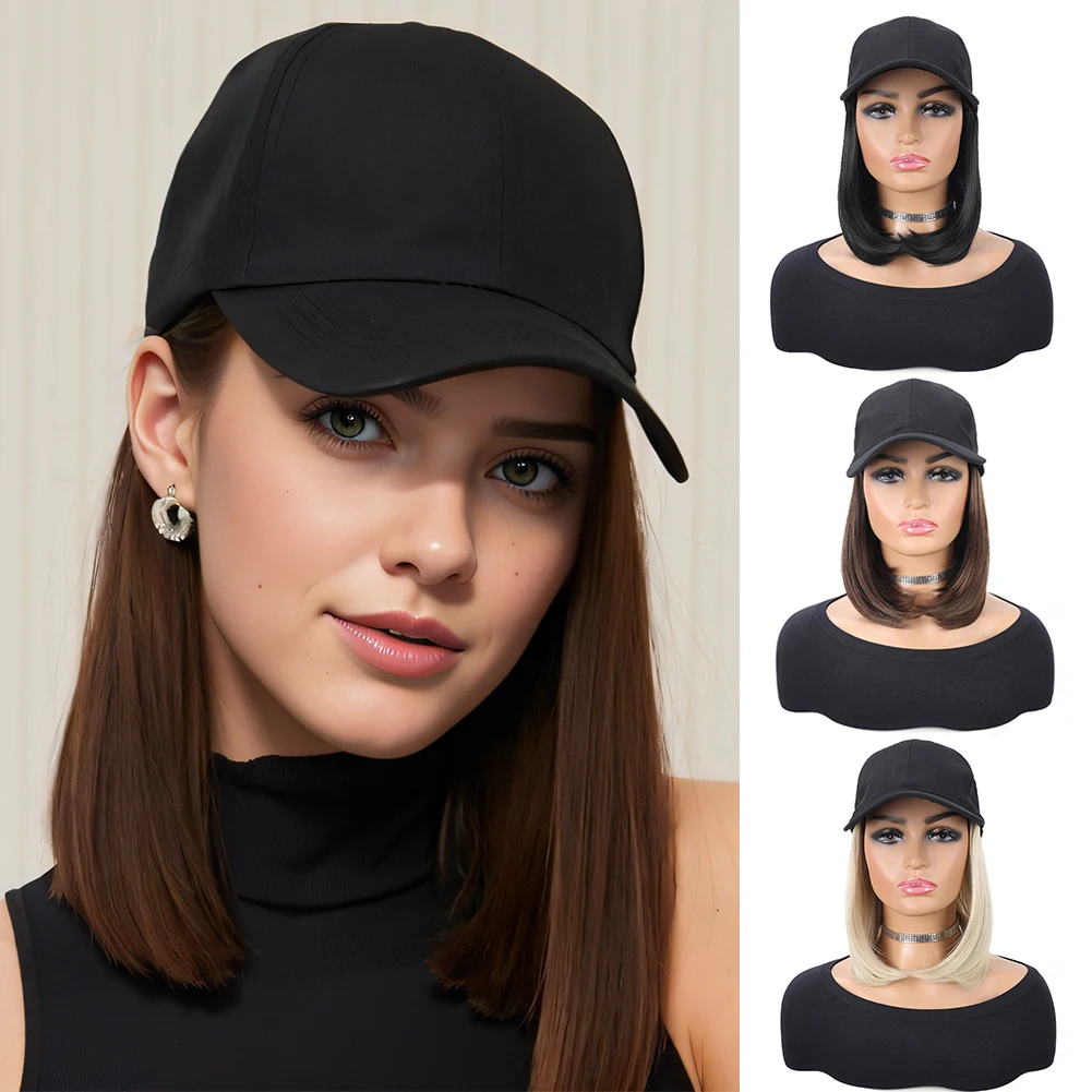 Baseball Cap with Synthetic Hair Extensions 10 Inches Straight Short Bob Hairstyle Adjustable Wig Hat for Women Girls