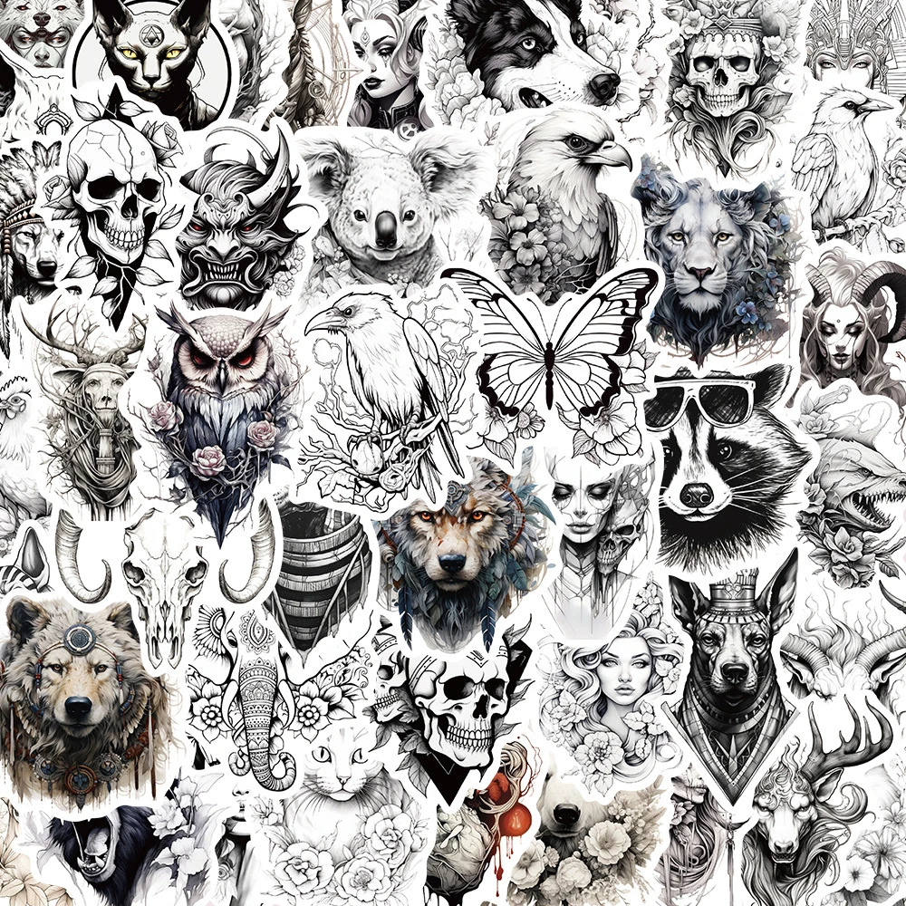 

10/30/50pcs Cool Black White Gothic Art Stickers Cartoon Animal Aesthetic Decals Decoration DIY Notebook Laptop Graffiti Sticker