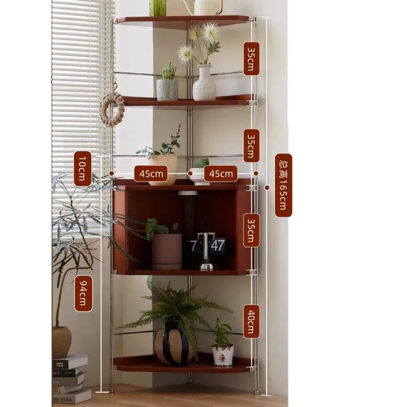 Vetrina triangolare per libreria angolare per piccolo appartamento in legno massello con pavimento in metallo